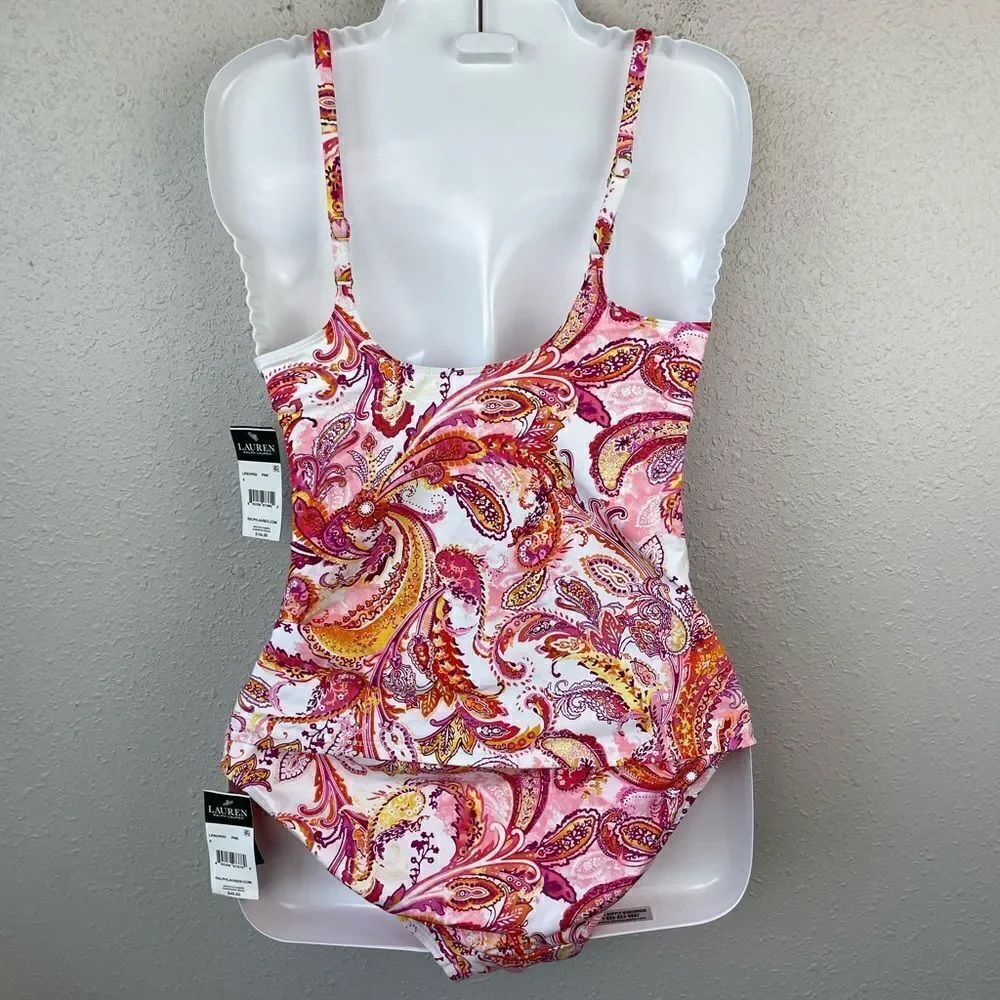 NWT Lauren Ralph Lauren Pink Paisley Tankini Top and Matching Bottoms